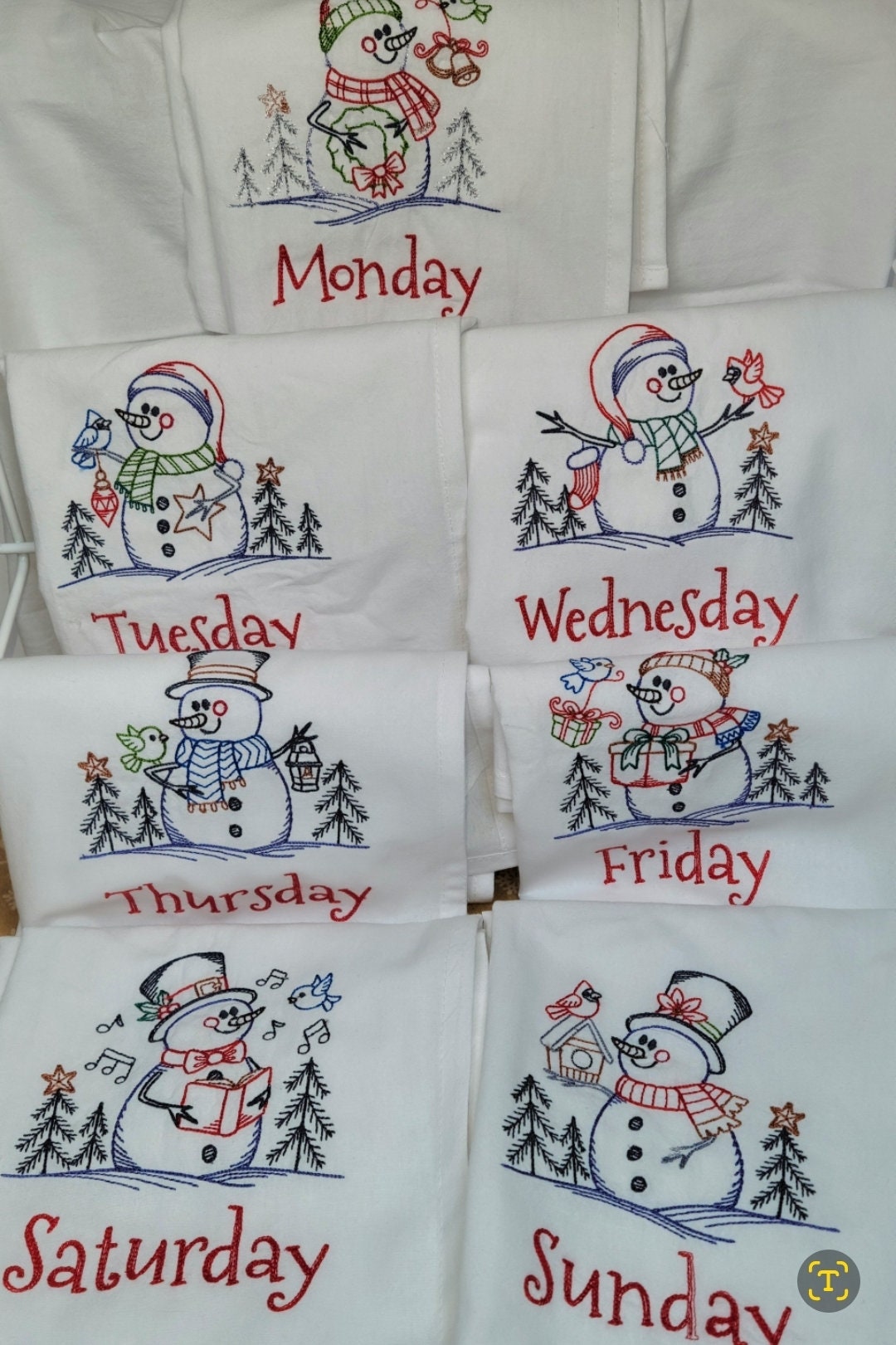 Fast Shipping | Day of Week Towel Set | Tea Towel | Holiday Decor | Dish Towel | Kitchen Decor | Gift Idea | Christmas Towels | Snowman |