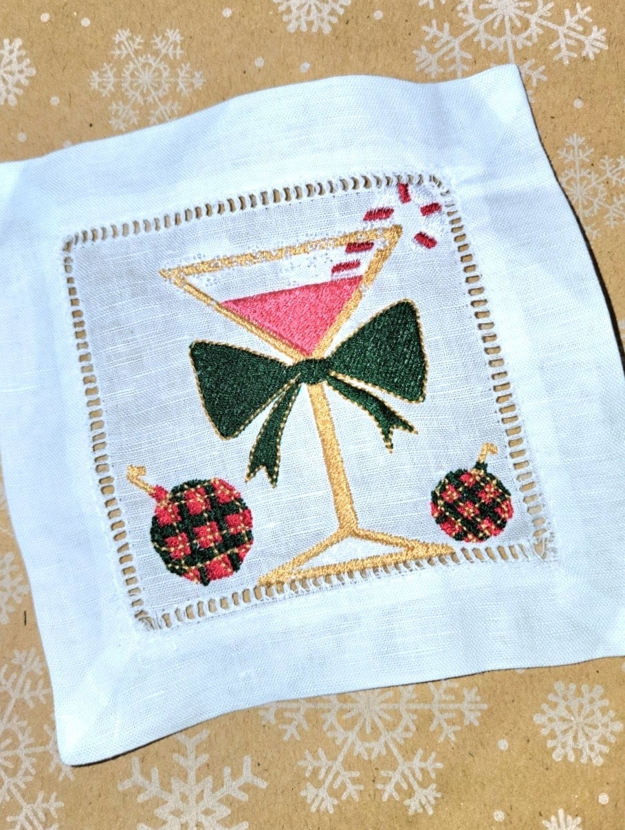 Fast shipping | Embroidered Holiday Cocktail Hemstitched Napkins (4) | Christmas Gift Idea | Christmas Decor | Party Napkins | Hostess Gift