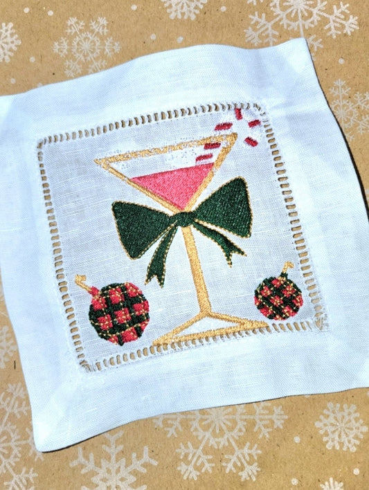 Fast shipping | Embroidered Holiday Cocktail Hemstitched Napkins (4) | Christmas Gift Idea | Christmas Decor | Party Napkins | Hostess Gift