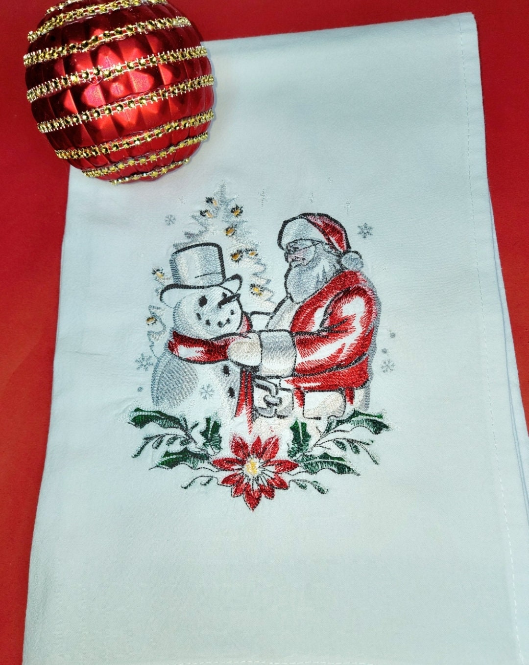 Ships within 24 hours | Santa and Frosty Tea Towel | Gift Idea | Embroidered Towel | Christmas Decor |  Holiday Decor | Kitchen | Hostess