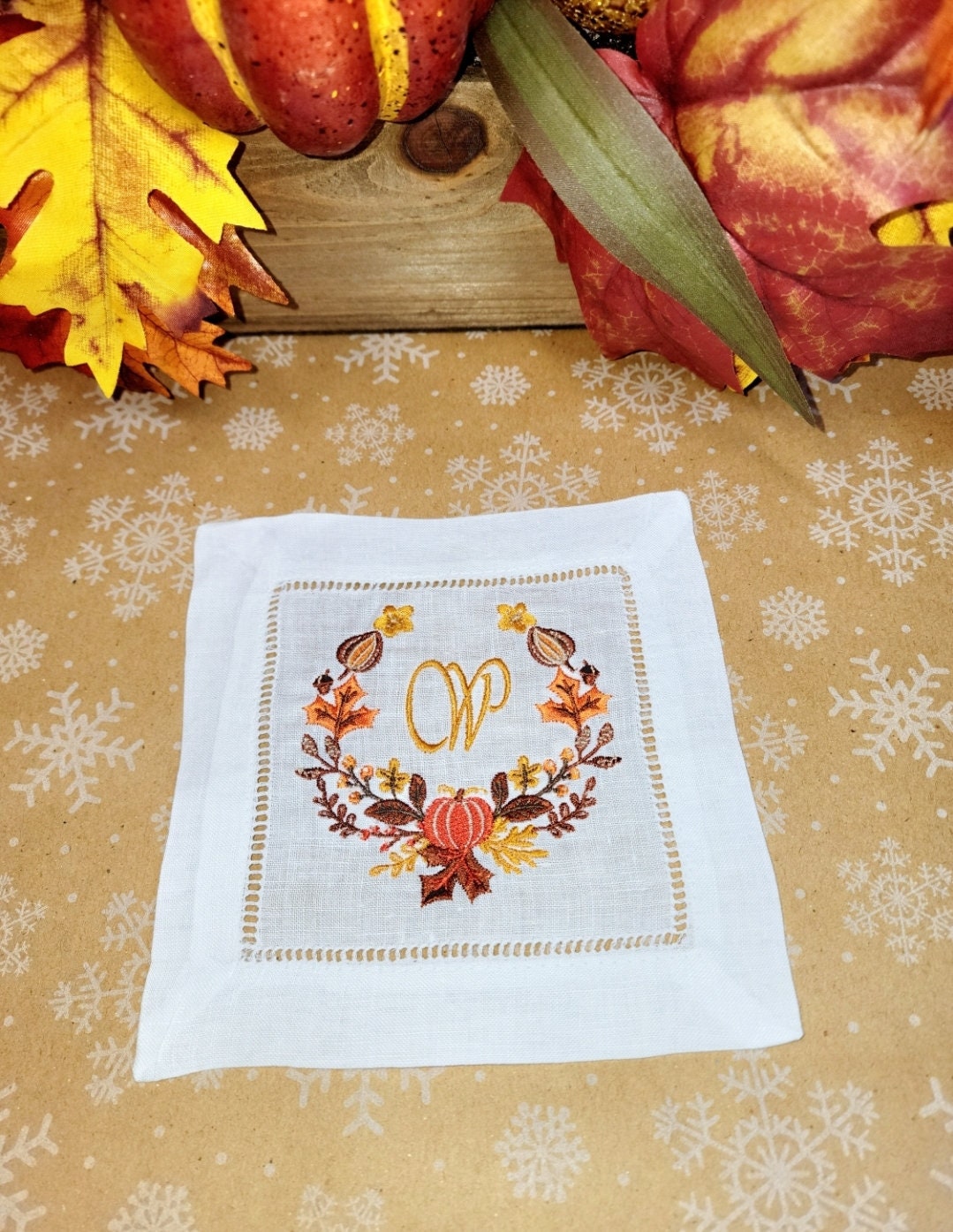 Ships within 24 hours | Set of 4 Fall Themed Monogrammed cocktail napkins | Thanksgiving cocktail napkins | Monogrammed Hemstitched Napkins