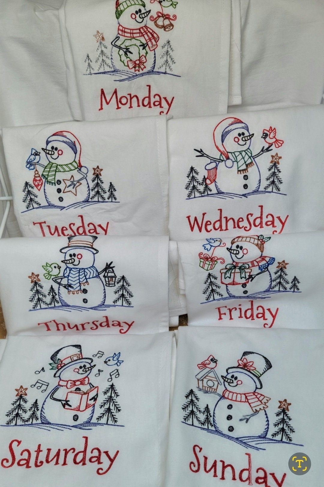 Fast Shipping  | Day of Week Towel Set | Tea Towel | Holiday Decor | Dish Towel | Kitchen Decor | Gift Idea | Christmas Towels | Snowman |