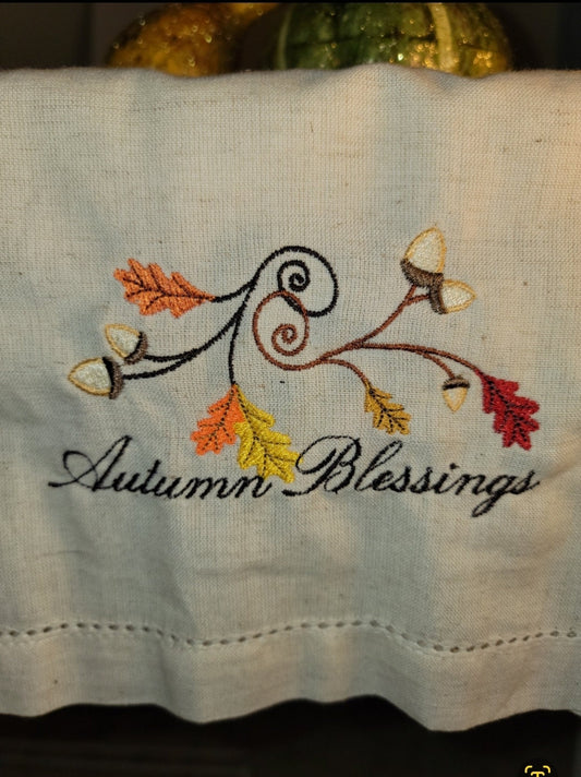 Autumn Blessings Embroidered Table Runner 14x72 | Hemstitched | Thanksgiving | Holiday Decor | Table Decor | Fall Decor | Table Setting