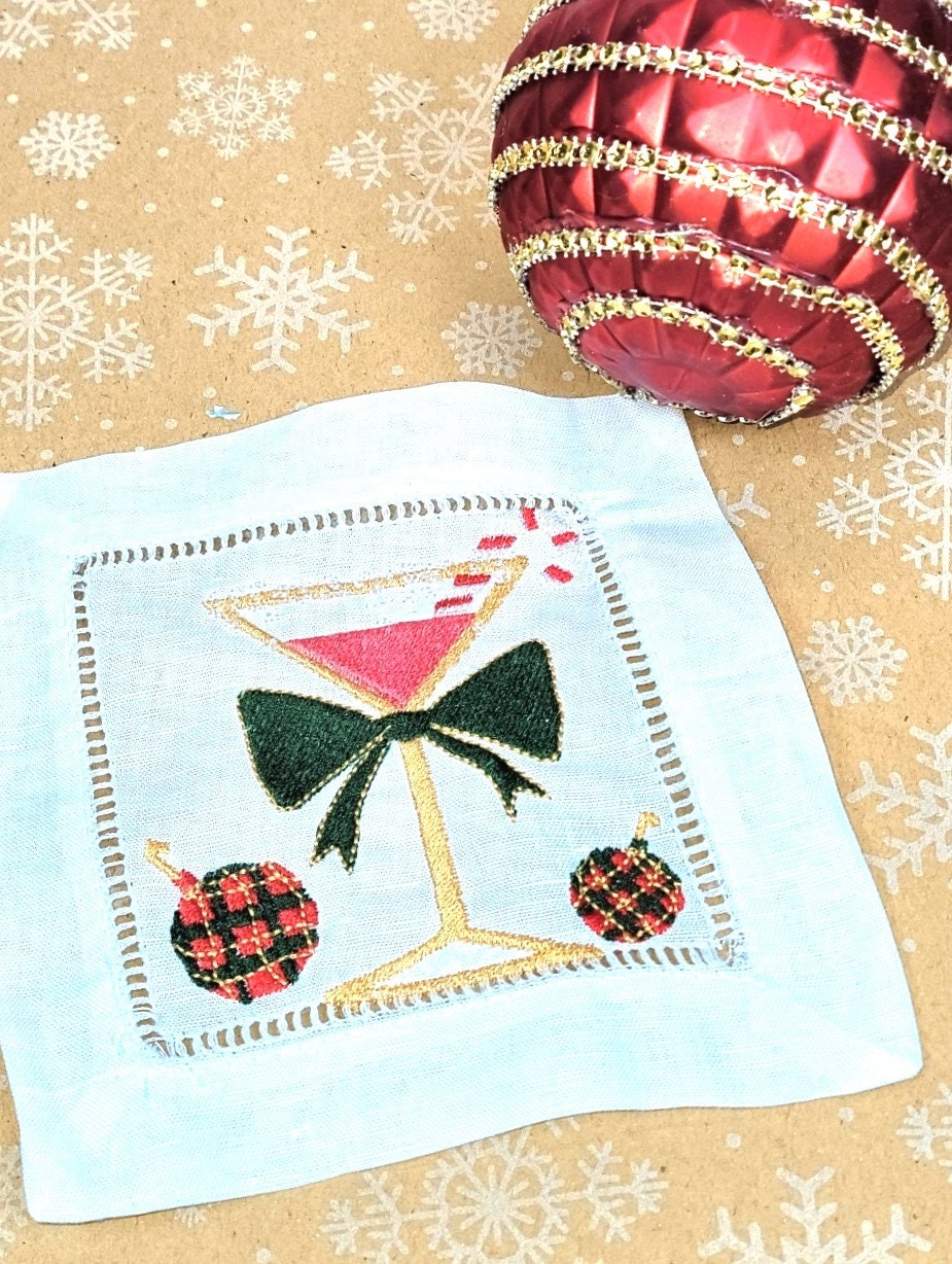 Fast shipping | Embroidered Holiday Cocktail Hemstitched Napkins (4) | Christmas Gift Idea | Christmas Decor | Party Napkins | Hostess Gift