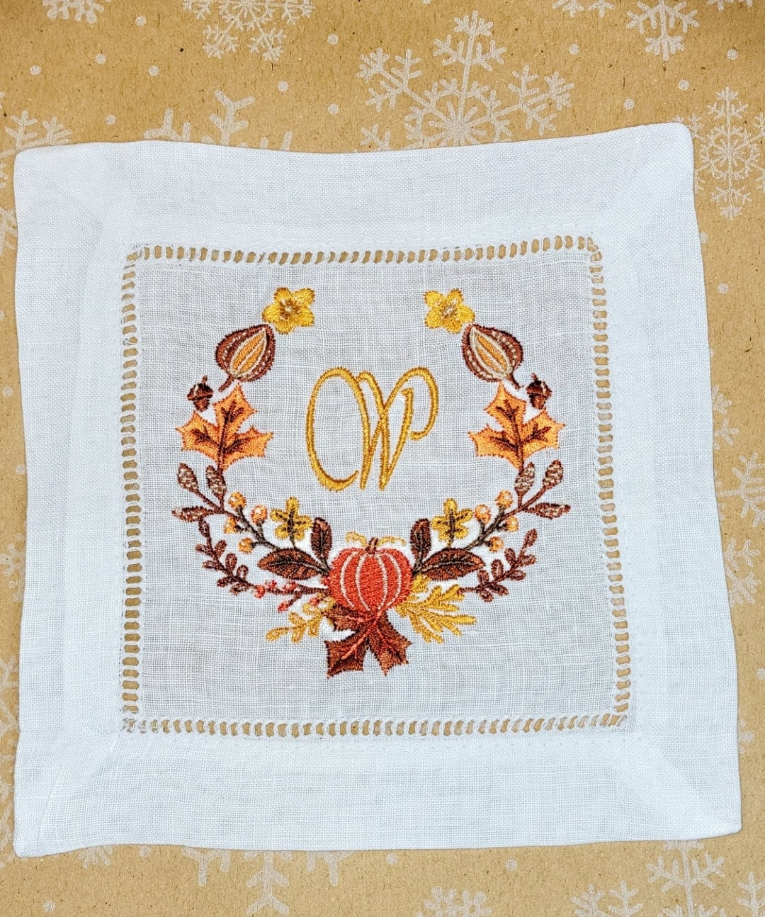 Ships within 24 hours | Set of 4 Fall Themed Monogrammed cocktail napkins | Thanksgiving cocktail napkins | Monogrammed Hemstitched Napkins